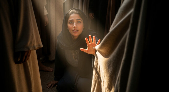 Biblical woman touching the hem of Jesus robe for healing. Religious faith and miracle concept. Ancient historical christian story scene