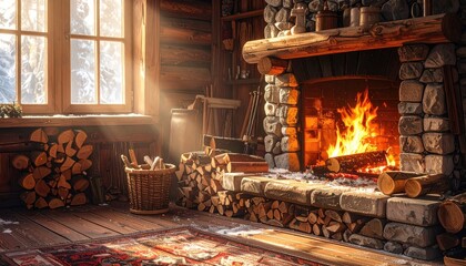 Cozy Rustic Cabin Interior with Fireplace and Winter Sunlight