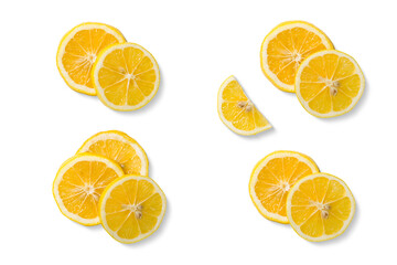 Collection of fresh yellow lemon slices isolated on a transparent background. High-resolution PNG ideal for food design, healthy nutrition concepts, packaging, beverages and natural ingredient.