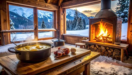 Cozy Winter Cabin Kitchen with Mountain View