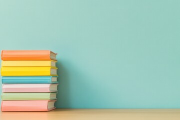 stack of colorful books left, soothing turquoise wall and tidy surface craft calm study corner useful for blog header, tutoring service, or classroom signage with generous empty area for copy or logo