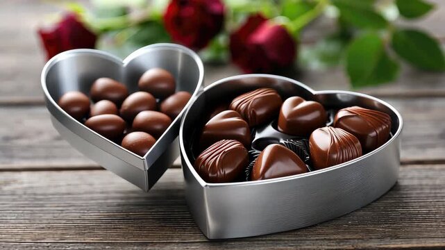 Heart shaped box of chocolates and red roses on wooden table for special occasions and celebrations in a cozy setting