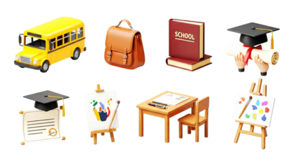 Colorful wooden blocks forming school and education-themed like a bus, backpack, diploma, and