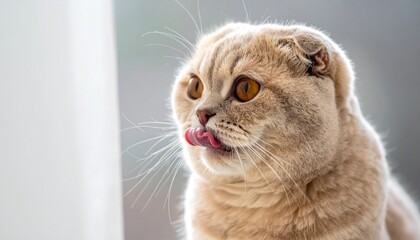 Cream-Colored Scottish Fold Cat Licking its Lips