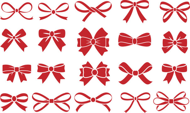 Collection of red ribbon bows on white background gift decoration