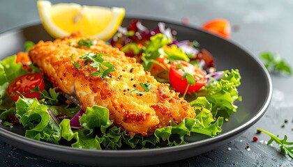 Crispy Fried Fish with Fresh Salad on Dark Plate