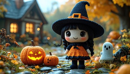 Crocheted Witch Doll in Autumnal Halloween Scene