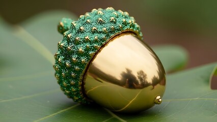 Decorative acorn with green textured cap and gold polished body seed tree