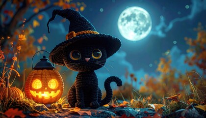 Cute Black Kitten Witch Halloween Night Scene