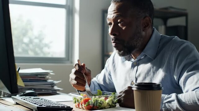African american man eating salad while working at computer. Business lunch at office. Healthy worker meal.