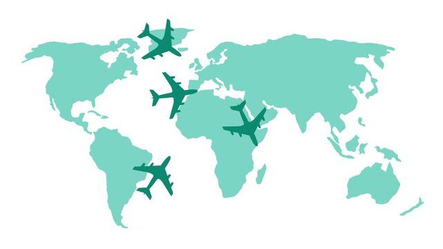 Silhouettes of airplanes flying over a world map animation