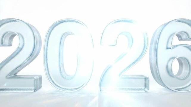 2026 number in glass with light moving across digits, an animated new year title for calendar or event.