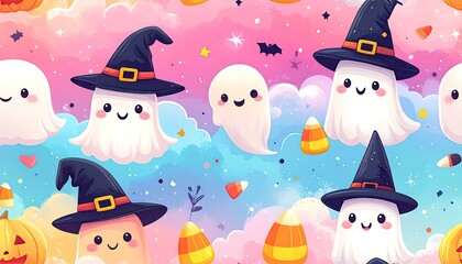 Cute Pixel Art Ghosts and Candy Corn on Pastel Background