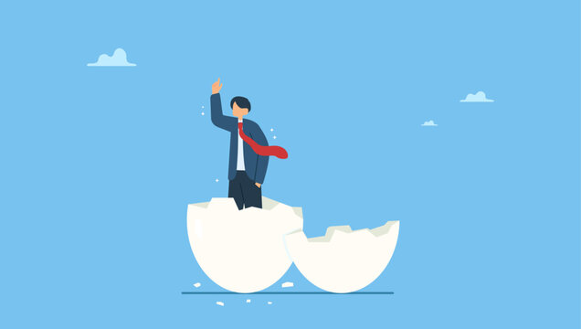Ambitious businessman worker just hatched from cracked egg. Newbie or beginner just start new business, entrepreneur or start up, begin new job position or out of comfort or safe zone.