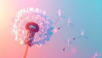 Delicate Dandelion Seeds Dispersing in Pastel Sky