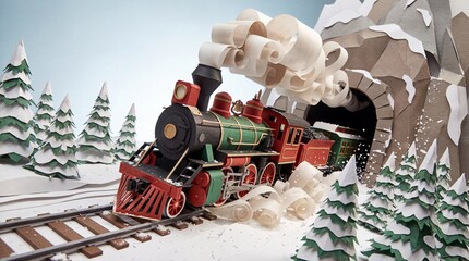 Whimsical Papercraft Illustration of a Vintage Steam Train Emerging from a Tunnel in a Snowy Forest
