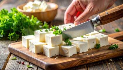 Cutting Cubes of Fresh White Cheese on Wooden Board