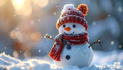 Cute Snowman in Knit Hat and Scarf Winter Scene