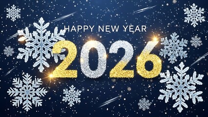 Sparkling 2026 happy new year celebration with glitter numbers and festive snowflakes