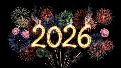 Celebratory 2026 with sparkling golden numbers and vibrant fireworks display