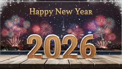 Happy new year 2026 celebration with dazzling fireworks over a snowy city skyline