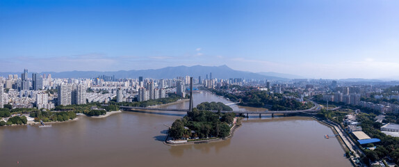 Aerial View of City River and Bridges
