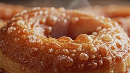 A delectable closeup shot of a freshly glazed donut with a unique bubbly texture showcasing its goldenbrown perfection and inviting sweetness perfect for breakfast or dessert advertisements.