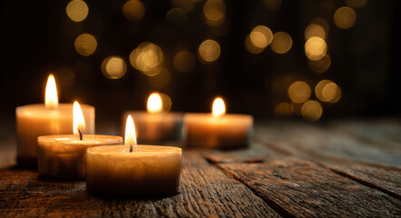 Candle flame light wooden table create warm peaceful evening ambiance