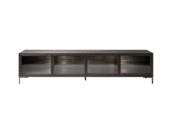 Long cabinet with four glass doors against a stark black backdrop