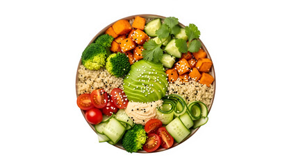 Vegan buddha bowl with avocado and varied plant based ingredients, isolated on white or transparent background. PNG