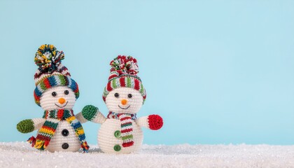 Two cheerful, knitted snowmen in colorful scarves and hats stand on a snowy surface against a light blue background, evoking a festive winter spirit.
