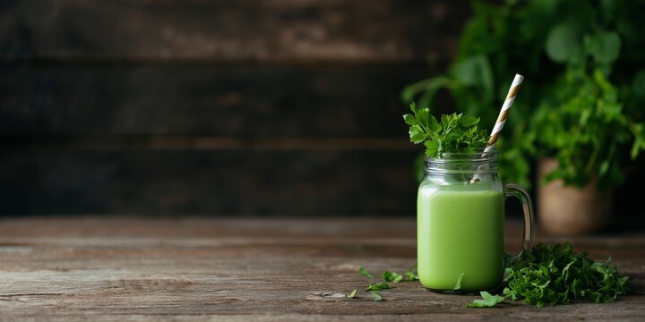Green drink in a jar with fresh herbs on a wooden table next to a plant background - Powered by Adobe