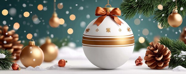 White Christmas ornament with gold ribbon centerpiece among pine cones and festive decor