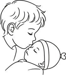 A sweet moment of brotherly love, an older child tenderly kissing a sleeping baby