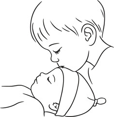 A tender moment of sibling affection, an older child gently kisses their sleeping baby brother or sister