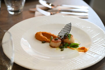 scallops with pumpkin puree, gourmet appetizer, served on a white plate in a restaurant, close-up food photography, elegant fine dining presentation,
