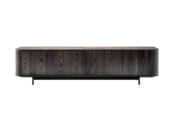 Dark wood sideboard with rounded corners on a simple black base