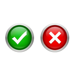 Set of shiny green checkmark and red cross mark buttons on a transparent background