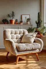 Fototapeta premium Beige tufted armchair in a sunny minimalist living room with potted plants and cactus decor