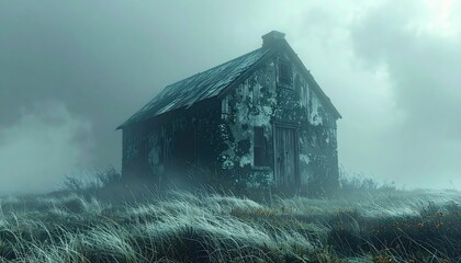 Distant Foggy Farmhouse in a Field