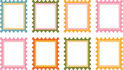 Collection of Colorful Postage Stamp Style Frames with Scalloped Edges on White Background