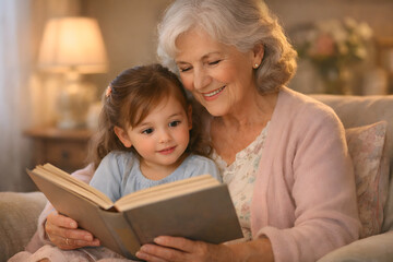 Storytime Harmony: A heartwarming scene unfolds as a grandmother and granddaughter share a cherished moment, engrossed in a captivating storybook, their faces illuminated with shared joy and wonder.