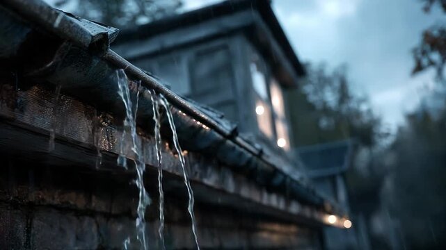 Rain falling from house gutter at night
