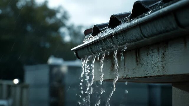 Rain falling from rooftop gutter