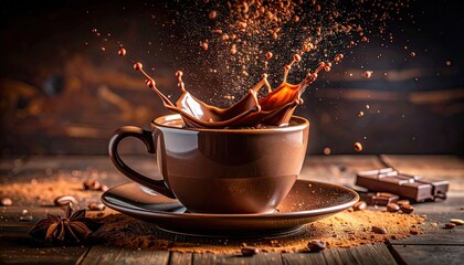 Dark Brown Coffee Splashing in Mug on Wooden Table