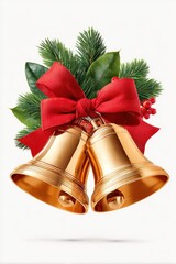 Golden bells with red ribbon and pine branches for Christmas holiday celebration