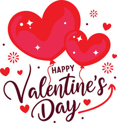 This image features a festive Valentine's Day scene with two heart-shaped balloons in vibrant red, adorned with sparkling stars. The balloons are surrounded by small red hearts 