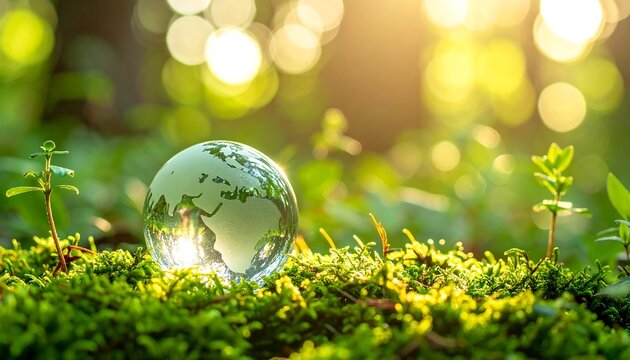 苔の上に置かれたガラス球が自然と地球環境を象徴する静かな構図