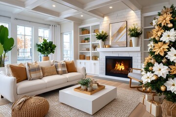 Obraz premium Cozy white and gold Christmas living room with fireplace, holiday tree, and wrapped gifts