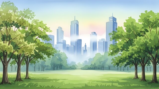 Una vibrante representaci&oacute;n en acuarela de edificios de la ciudad rodeados de frondosos &aacute;rboles verdes, que combina la naturaleza con la vida urbana.